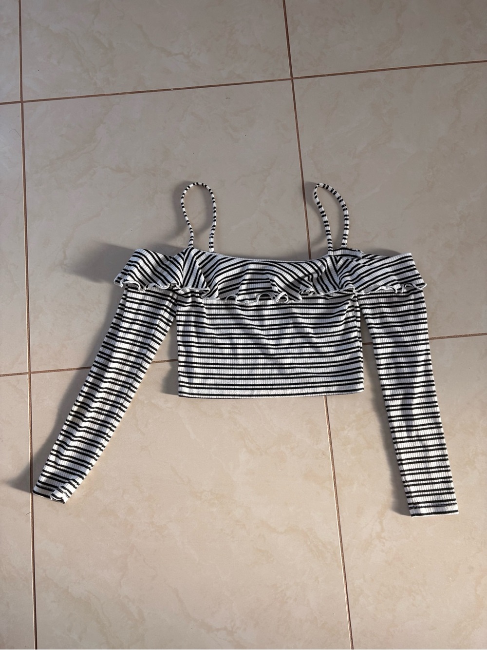 Black & White Striped Off-Shoulder Ruffle Long Sleeve Crop Top